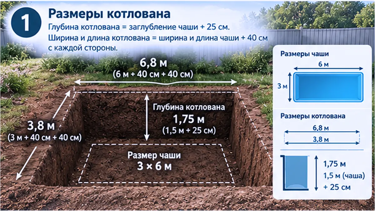 Глубина котлована=заглубление чаши=25 см. Ширина и длина котлована=ширина и длина чаши=40см с каждой стороны.