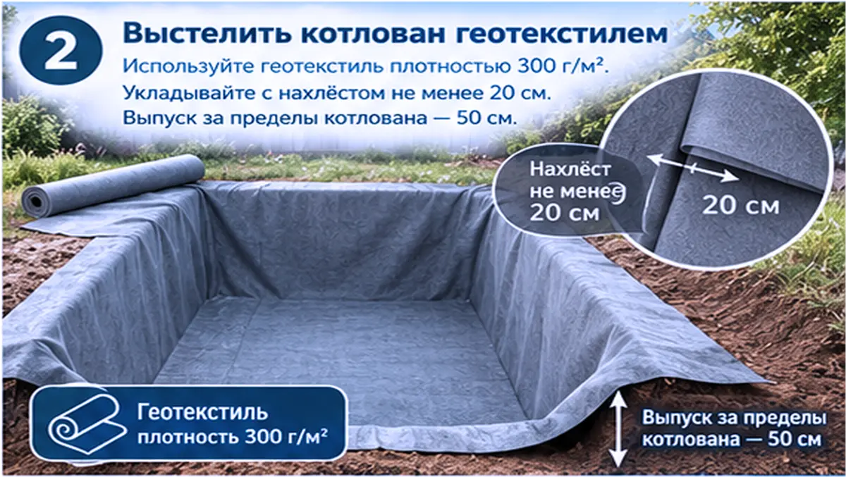 Используйте геотекстиль плотностью 300 г/м². Укладывайте с нахлестом не менее 20 см. Выпуск за пределы котлована - 50 см.